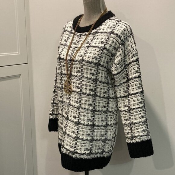 WOOL Knit White Black Tweed Crew Neck Sweater - Picture 10 of 12